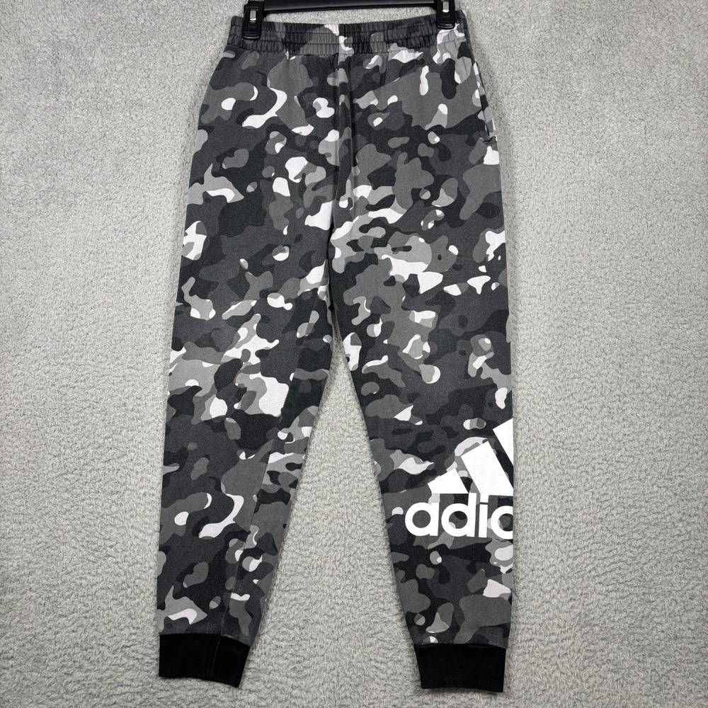 Adidas Joggers Kids L 14/16 Gray Camo Logo Fleece Regular Fit Sweatpants